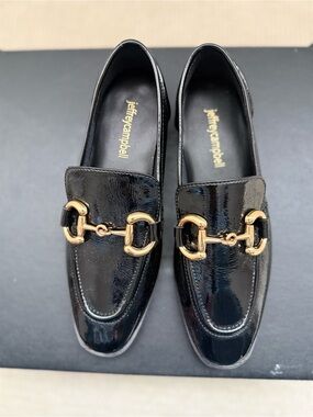 Jeffrey Campbell Glossy Black Patent Loafers with Gold Hardware